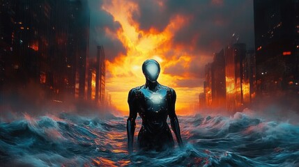 Obraz premium Futuristic humanoid robot standing in turbulent water amidst a cityscape with glowing orange sunset and reflective tall buildings
