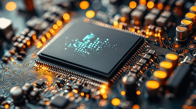 Close - up of a Microchip on a Circuit Board with Glowing Elements