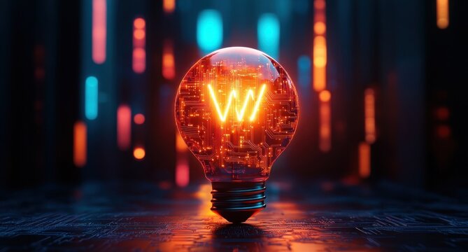 Glowing light bulb with orange circuit patterns and a bright filament shaped like the letter W surrounded by colorful vertical light streaks on a dark background