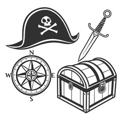 Pirate Themed Collection with Skull Hat Compass Treasure Chest and Sword on White Background crossbones