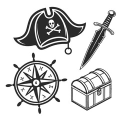 Pirate symbols including a hat, sword, ship's wheel, and treasure chest on a white background