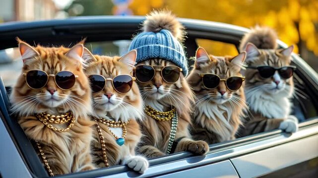 Five fashionable tabby cats riding in a vehicle, wearing sunglasses, necklaces and a knit hat, enjoying a beautiful autumn day outdoors.