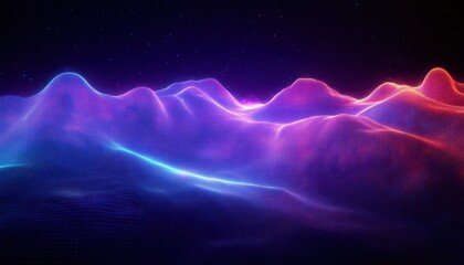 Colorful glowing neon waves forming a digital mountainous landscape under a starry night sky