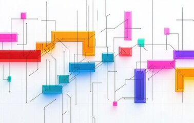 Abstract digital network with colorful translucent rectangular blocks connected by thin black lines on a white background, representing data flow and technology