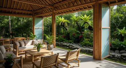 Fototapeta premium Serene Bamboo Pavilion Embracing Open-Plan Indoor Outdoor Living Space Design