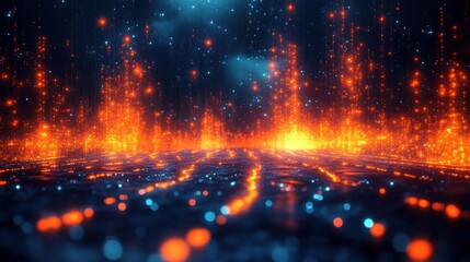 Futuristic glowing orange and blue digital light particles rising from a dark surface creating a vibrant, dynamic and high-tech atmosphere