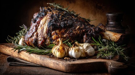 A Rustic Feast - Dramatic Chiaroscuro Lighting on a Herb-Crusted Bone-In Roast with Roasted Garlic.