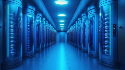 Fototapeta premium Long futuristic corridor lined with glowing blue cylindrical server units under bright circular ceiling lights, creating a high-tech and sleek atmosphere