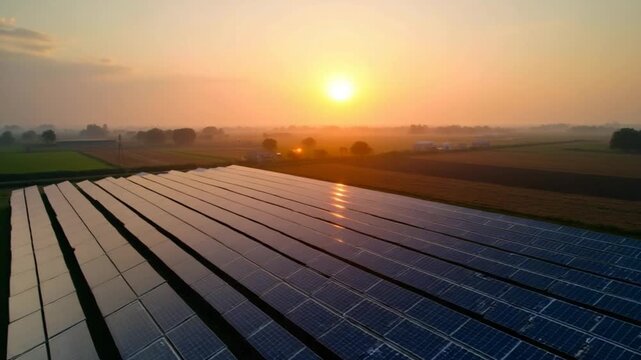 Aerial top view of a solar panels power plant. Photovoltaic solar panels at sunrise and sunset in countryside from above. Modern technology, climate care, earth saving, renewable energy concept.