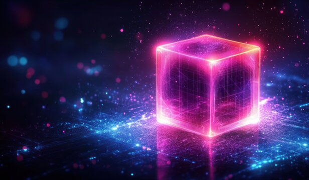 Glowing neon pink and purple digital cube hovering above a dynamic blue grid with sparkling particles creating a futuristic and vibrant atmosphere