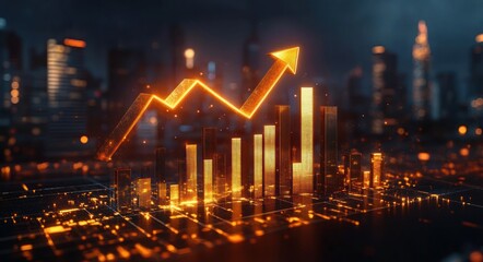 Glowing golden 3D bar chart with upward arrow indicating growth against a blurred cityscape background at night