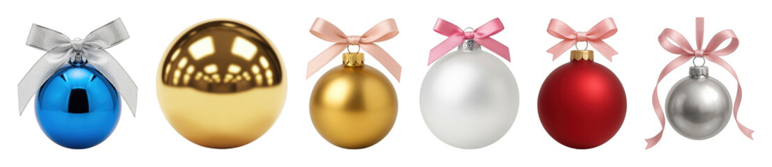Christmas ornament set including glossy blue, polished gold, matte gold, white, red, and silver baubles with ribbons isolated. Holiday decoration collection.