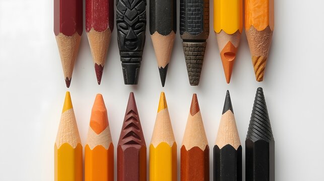 Close up of artistic carved pencils with intricate geometric designs and sharpened graphite tips arranged neatly on white background, creative craftsmanship concept for art, design and backdrop use