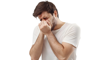 Man with a beard covering his face with his hands isolated on transparent background, feeling sick and having allergies