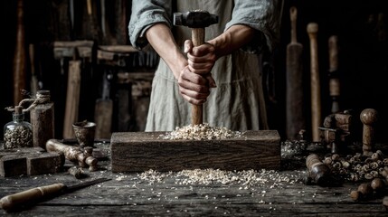 Woodworking scene with a person using a hammer.