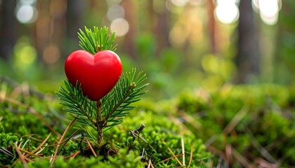 Red heart atop a small evergreen tree in moss-covered forest floor