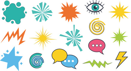 Comic Book Style Vector Graphic with Speech Bubbles and Lightning Bolts