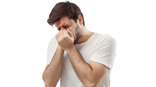 Man with a beard covering his face with his hands isolated on transparent background, feeling sick and having allergies - Powered by Adobe