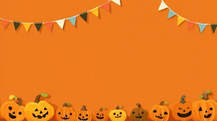 Fototapeta premium Festive Halloween pumpkins and colorful bunting flags create a cheerful backdrop for seasonal celebrations and spooky fun