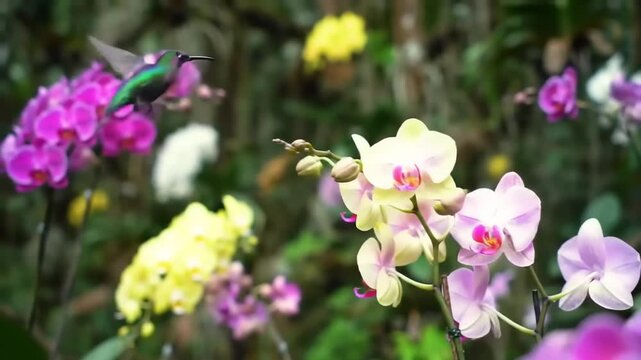 Hummingbird hovering among orchids