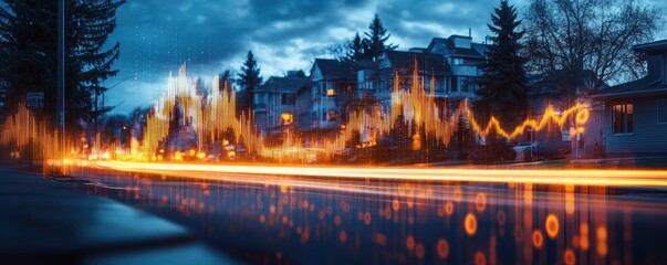 Evening residential street with digital orange light trail and wave graph overlay, calm dusk sky with illuminated house windows and trees