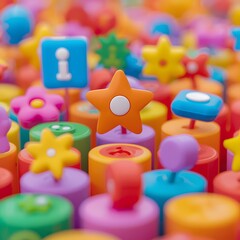 Colorful close up of decorative pens with playful cartoon toppers in shapes of stars, flowers, icons and geometric forms, creative stationery concept for school, office, fun and backdrop use