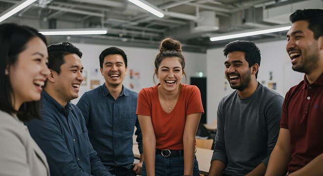 Diverse group of friends laughing together in a modern office setting.