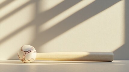 Baseball ball and bat in sunlight