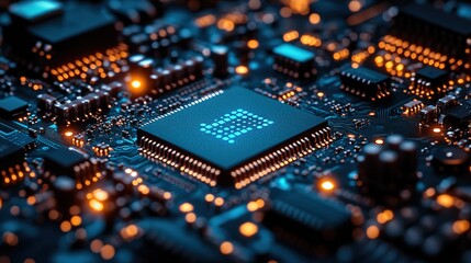 Obraz premium Close-up of Advanced Circuit Board: Multiple Chips & Integrated Circuits Glow Blue in Soft Light, Darkened Background Highlights Copper Traces, Teal Electronic Components in Foreground