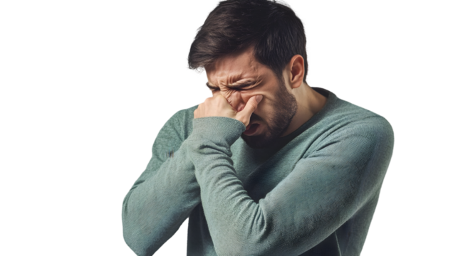 Man with a beard isolated on transparent background is suffering from a sinus headache, rubbing his nose and eyes - Powered by Adobe