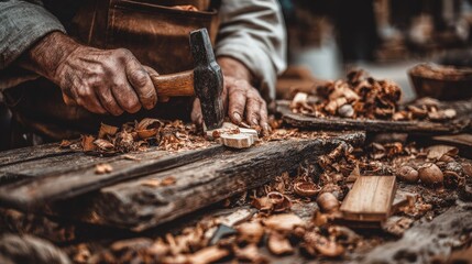 Woodworker meticulously shaping wood with a hammer.