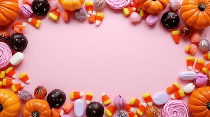 Festive halloween candy border with mini pumpkins and lollipops on a soft pink background