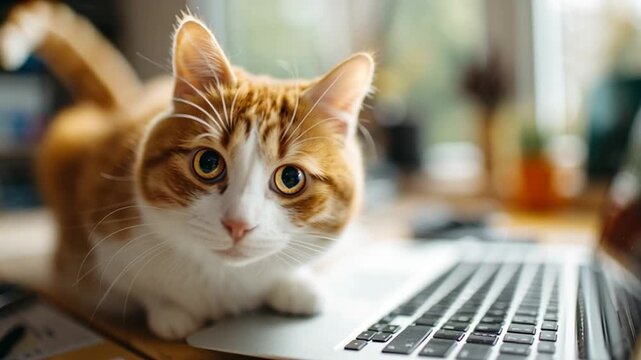 Cat Curiously Sitting on Laptop Keyboard at Home