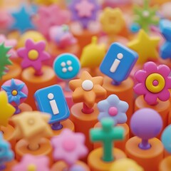 Colorful close up of decorative pens with playful cartoon toppers in shapes of stars, flowers, icons and geometric forms, creative stationery concept for school, office, fun and backdrop use