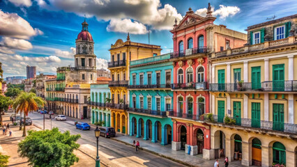 Naklejka premium colorful colonial buildings line vibrant street under blue sky