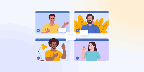 A vibrant illustration showing a diverse group of friends engaged in a video call, interacting joyfully with background foliage and a bright atmosphere.