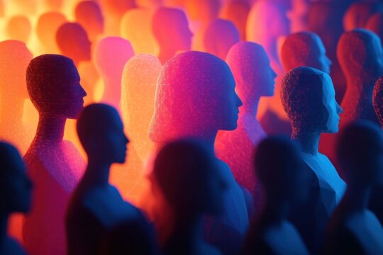 Silhouettes of abstract human figures in a crowd with vibrant blue, pink, and orange gradient lighting expressing unity and diversity