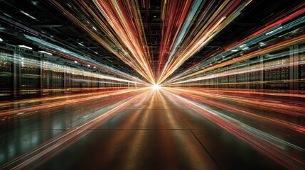 Futuristic Velocity - Radiant Light Trails Converging in a High-Speed Urban Tunnel at Night.