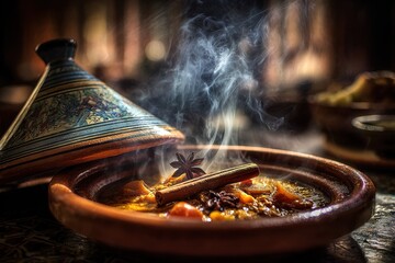 Aromatic Steam Billows from a Rustic Moroccan Tagine with Cinnamon and Star Anise.
