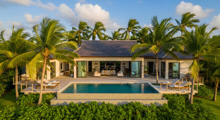 Fototapeta premium Luxurious tropical villa showcasing an exceptional open-plan indoor outdoor living space design, blending seamlessly with a private pool and lush surroundings for the ultimate getaway