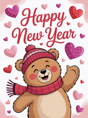 A delightful bear illustration, embodying joy and merriment for the New Year celebration, embellished with vibrant hearts that radiate love and happiness.