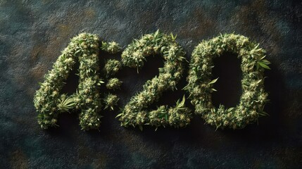 Time displayed as 4:20 formed entirely from green cannabis buds arranged on a dark textured surface