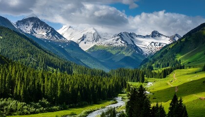 Green Landscape In Mountains With Lush Forests Meandering Streams And Snow Capped Peaks In The Background Green Adventure
