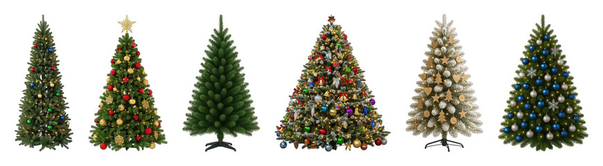 Christmas tree set including decorated, undecorated, green, and flocked varieties isolated. Holiday decoration and festive collection.