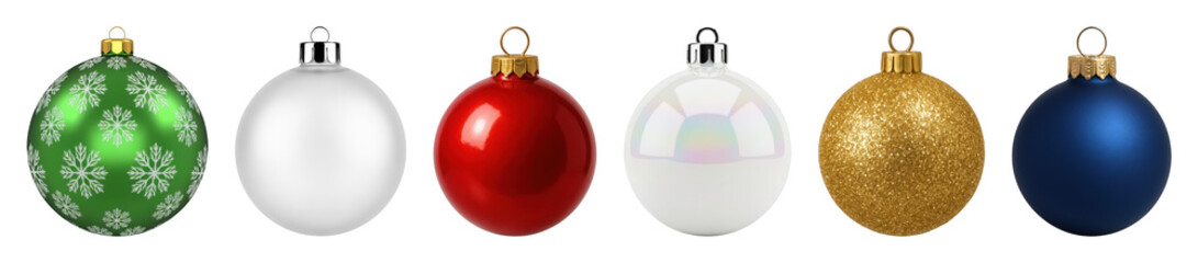 Christmas ornament set including green snowflake, red, blue, gold glitter, and white iridescent baubles isolated. Festive holiday season decoration elements.