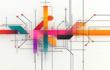 Abstract network of colorful interconnected lines and nodes on a white grid background representing digital connections or circuitry