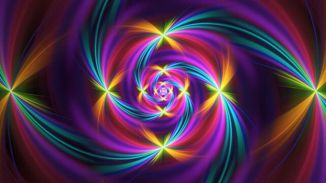 Multicolored curved fluids flashing and rotating on dark. . Abstract coruscating background glowing, forming round tunnel shape. Surreal space illumination metamorphoses and spin. 4K UHD 4096x2304