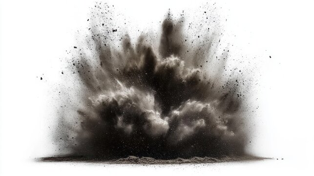 Large cloud of dark dust or powder erupting explosively against a white background, creating dynamic shapes and scattered particles