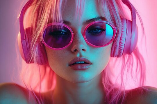 Close-up portrait of a young woman wearing pink headphones and round purple sunglasses, bathed in vibrant neon pink and blue lighting, conveying a futuristic and relaxed vibe