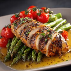 Gourmet Herb-Crusted Chicken Breast Sliced over Asparagus with Roasted Vine Tomatoes.